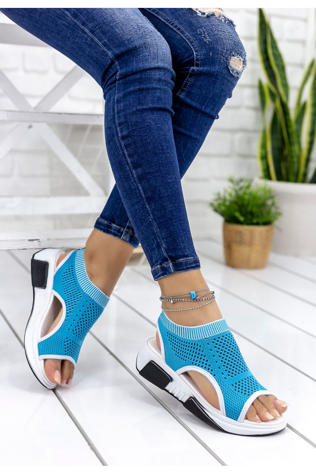 Ashley Çelik Örgü Detay Triko Sandalet Mavi