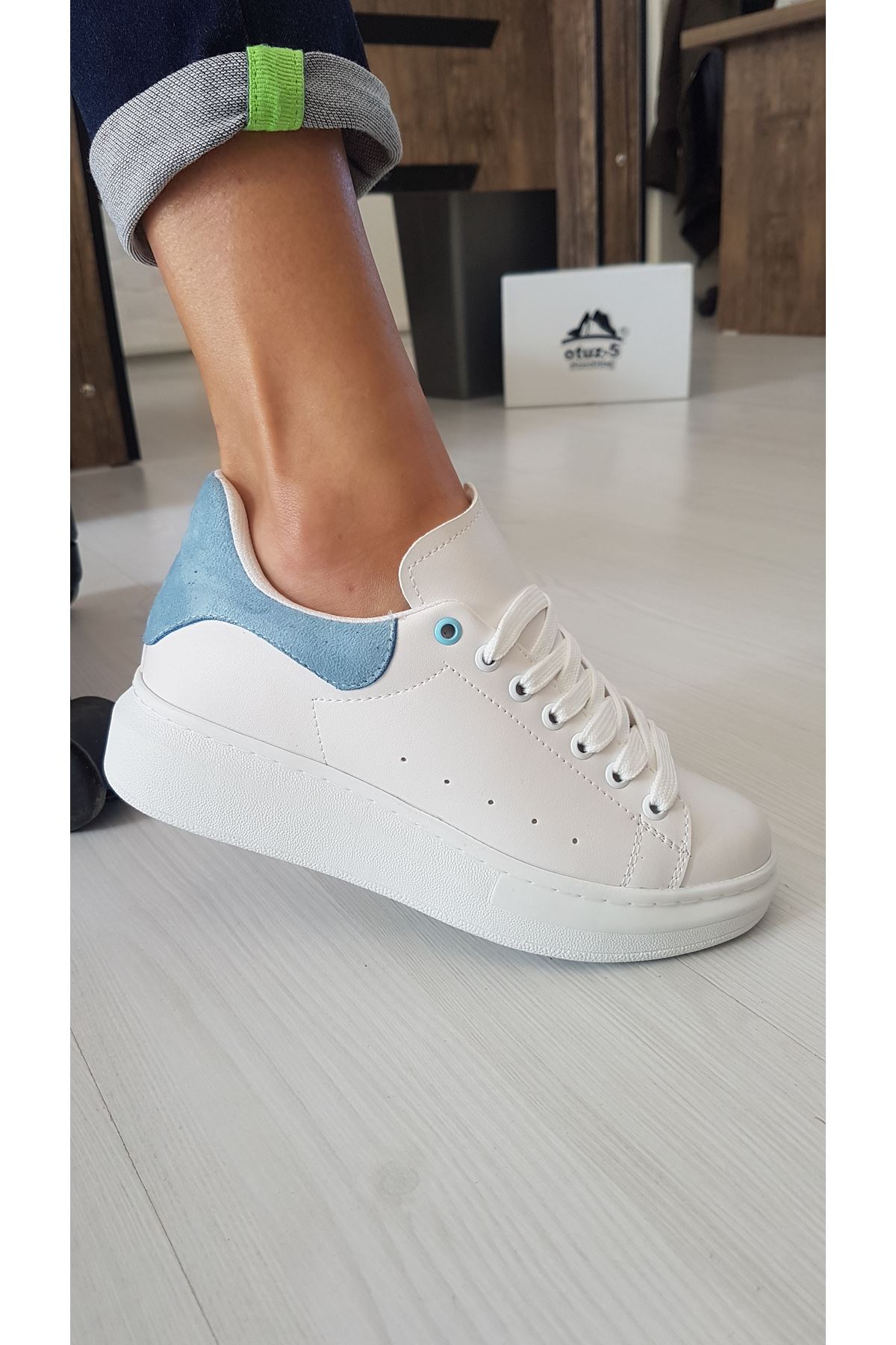 Lucy Mat Deri Bebek Mavi Süet Detay Sneakers Beyaz 
