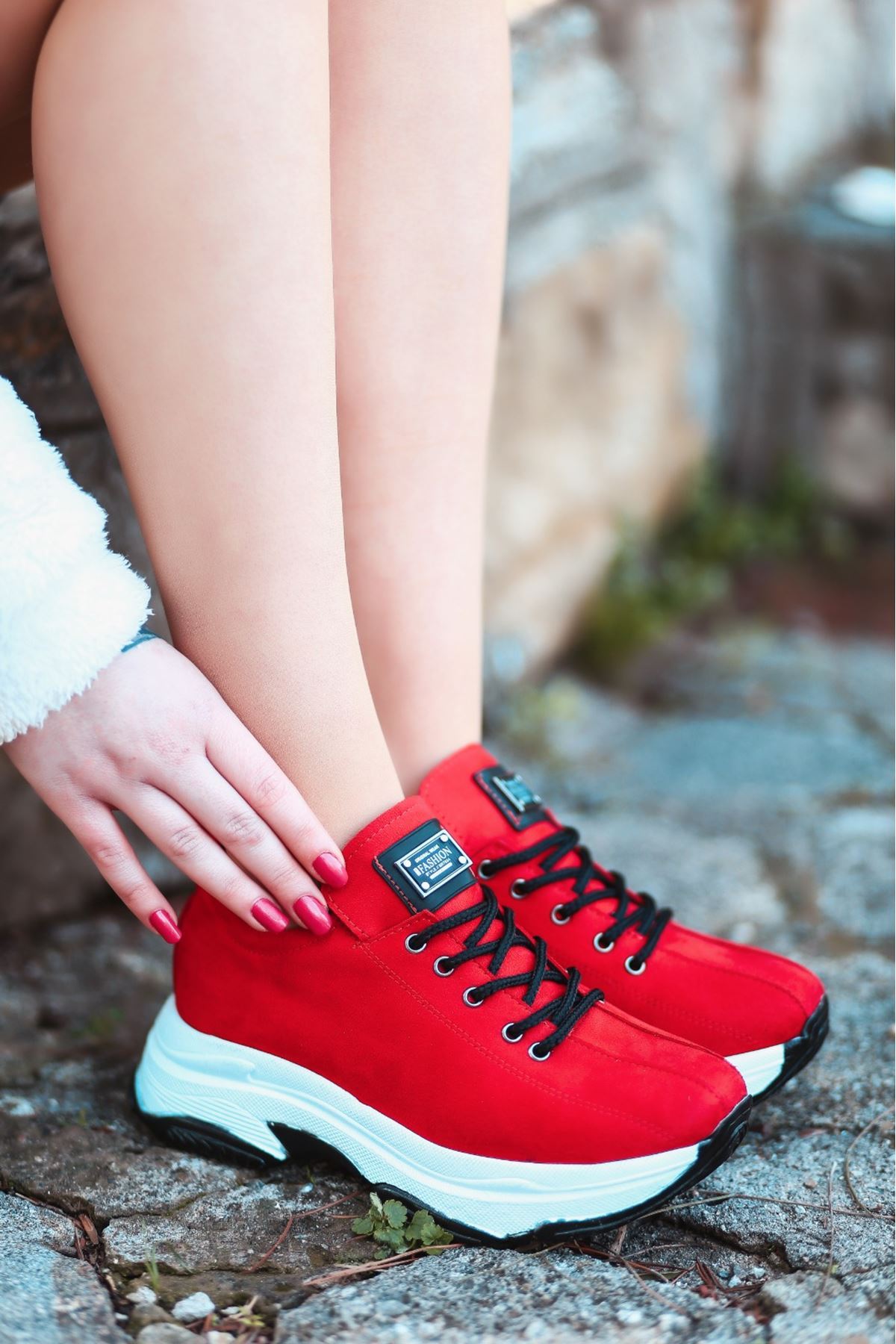 For-501 Mat Deri Bağcıklı Kadın Spor Ayakkabı Kırmızı