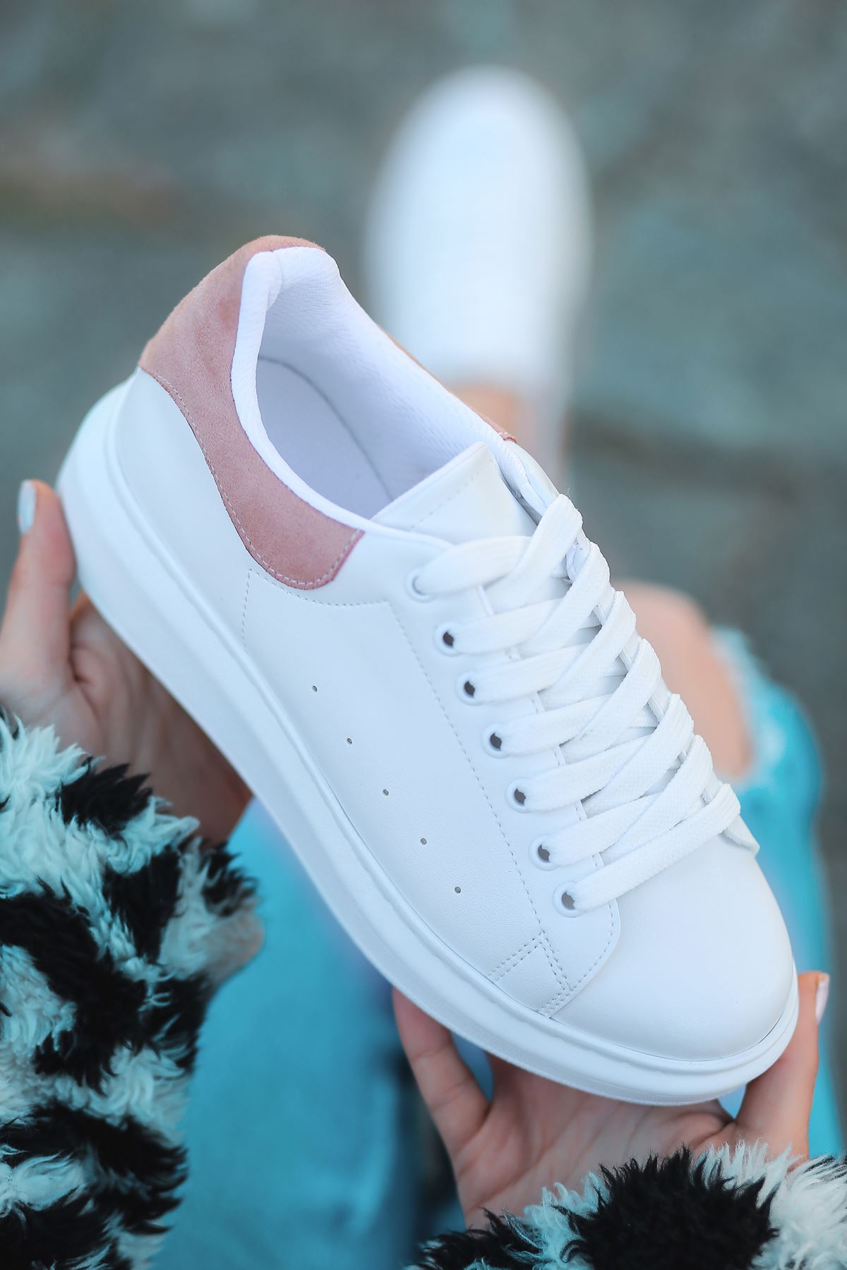 Lucy Mat Deri Pudra Süet Detay Sneakers Beyaz