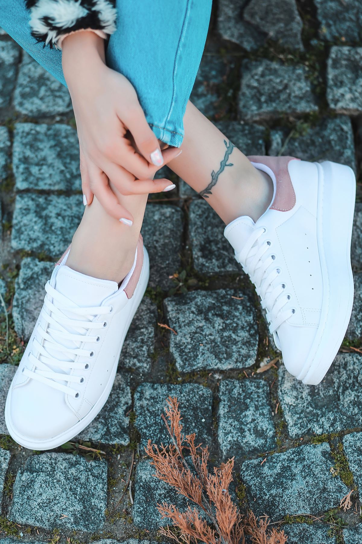 Lucy Mat Deri Pudra Süet Detay Sneakers Beyaz