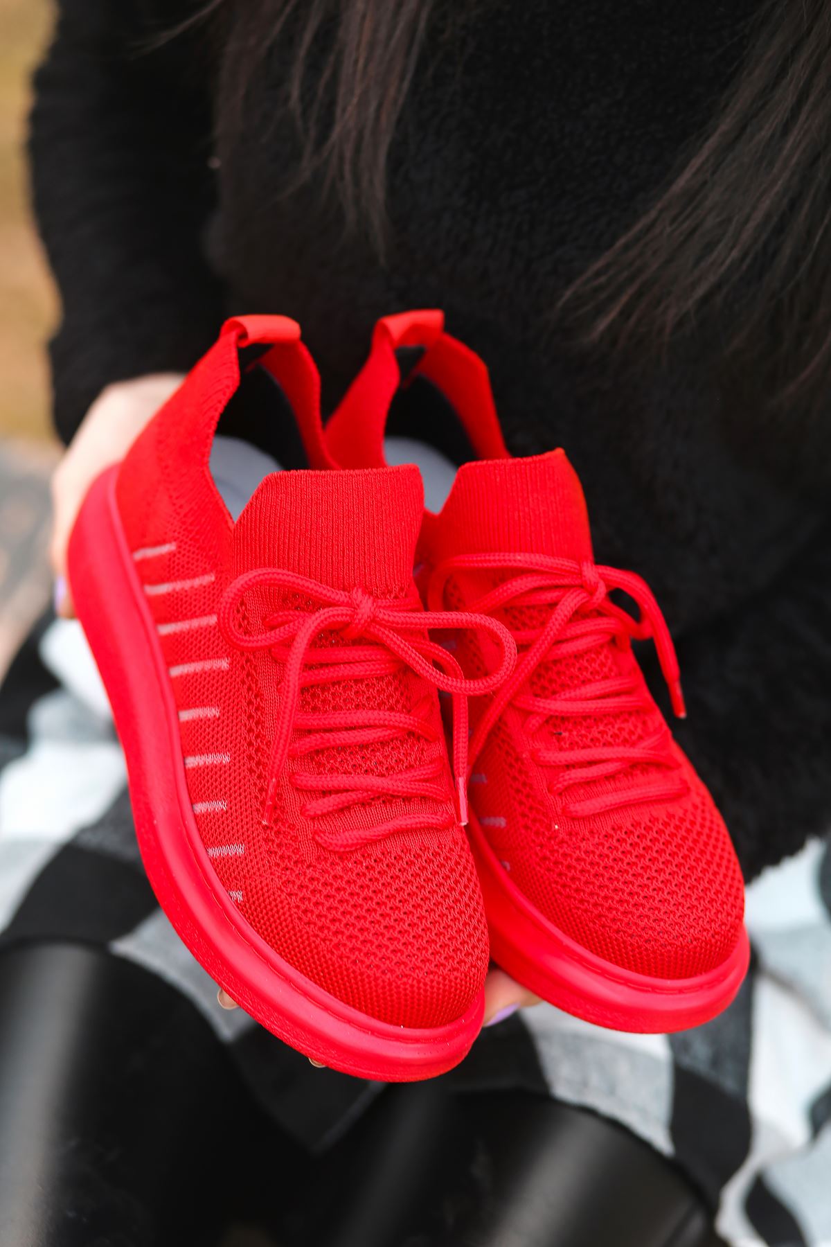That Bağcık Detay Kırmızı Triko Kadın Spor Ayakkabı