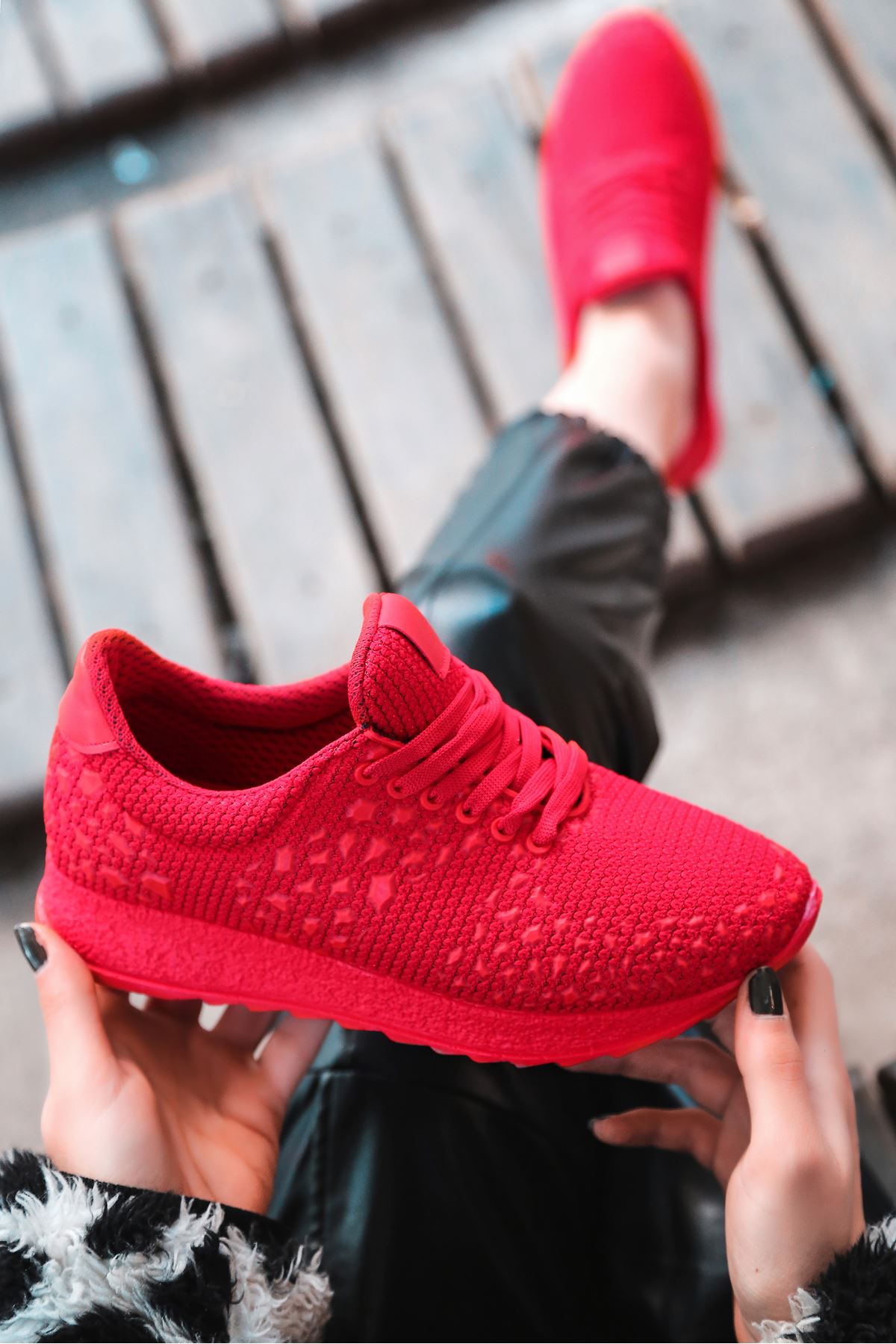 Star Çelik Örgü Triko Kadın Spor Ayakkabı Kırmızı
