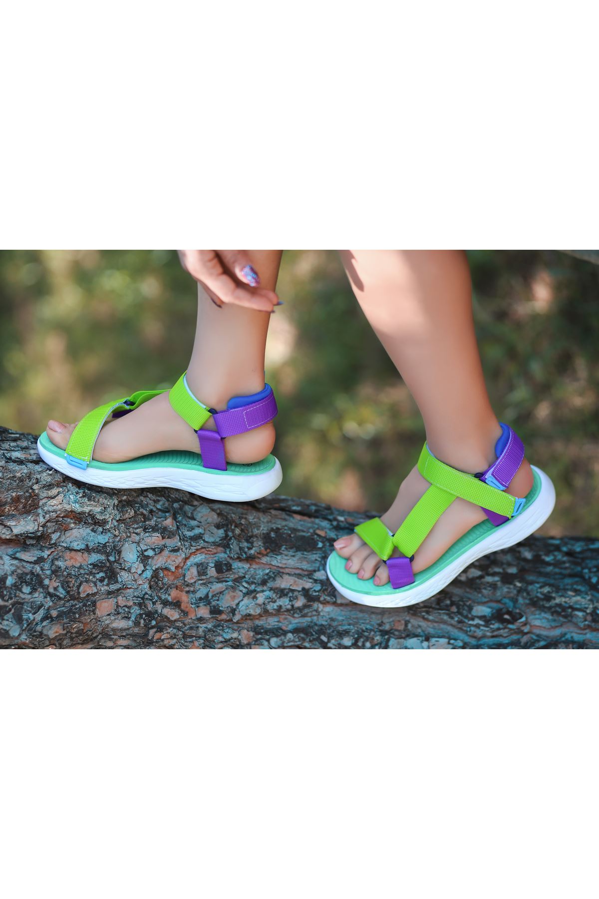 King Neon Yeşil-Mor Cırtlı Kadın Sandalet