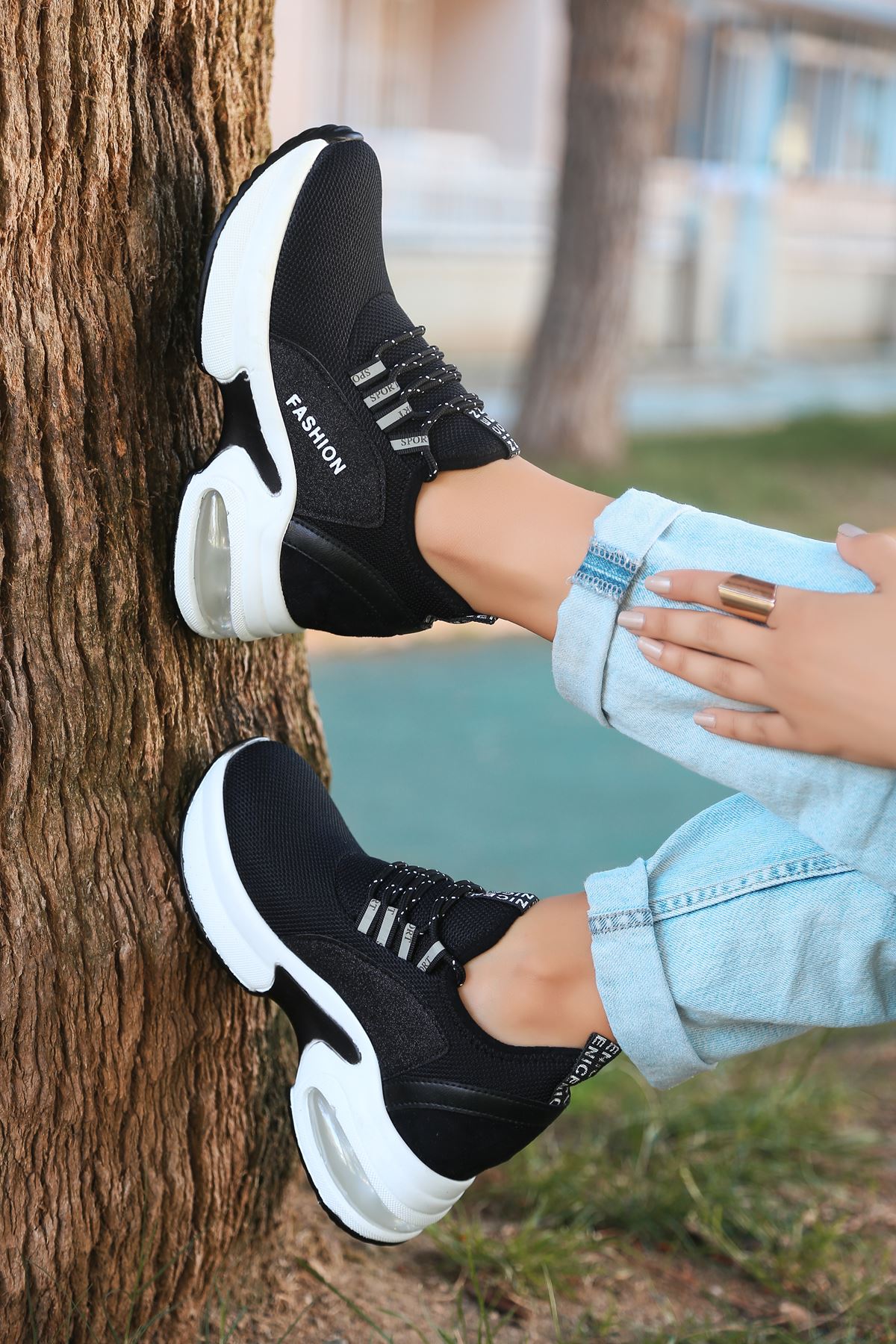 Odessa Triko Hava Taban Detaylı Ortopedik  Kadın Spor Ayakkabı Siyah