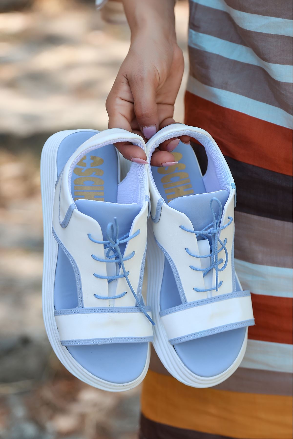 Lace Mat Deri Bağcık Detay Sandalet Bebek Mavi