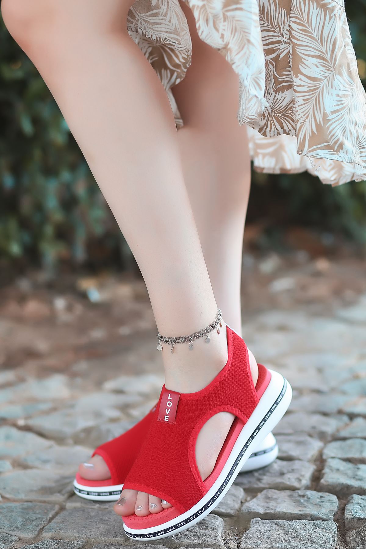 Gözde Likralı Triko Kadın Sandalet Kırmızı