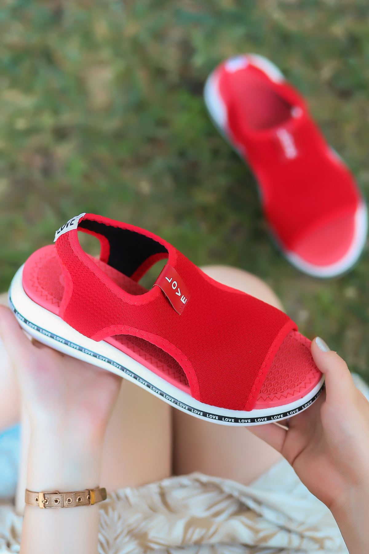 Gözde Likralı Triko Kadın Sandalet Kırmızı