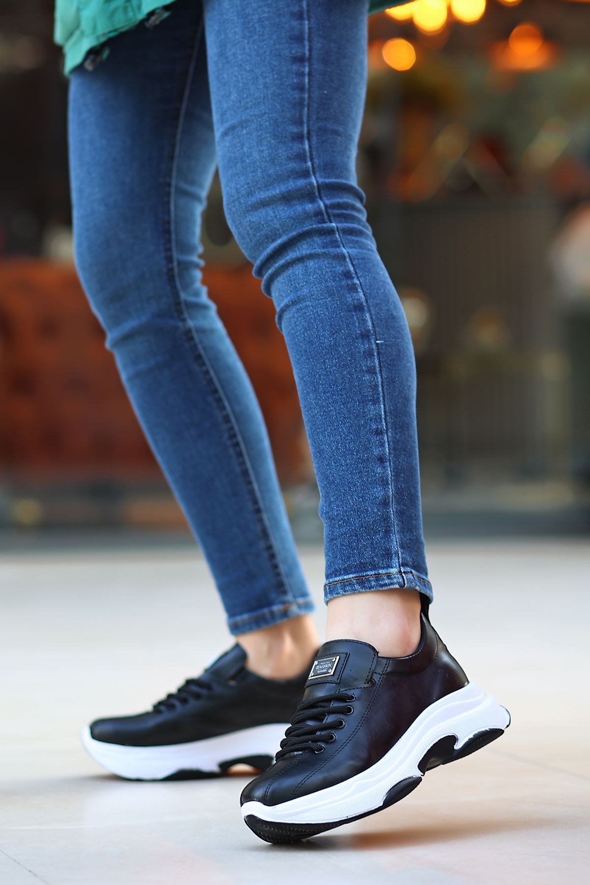 For-501 Mat Deri Bağcıklı Kadın Spor Ayakkabı Siyah 