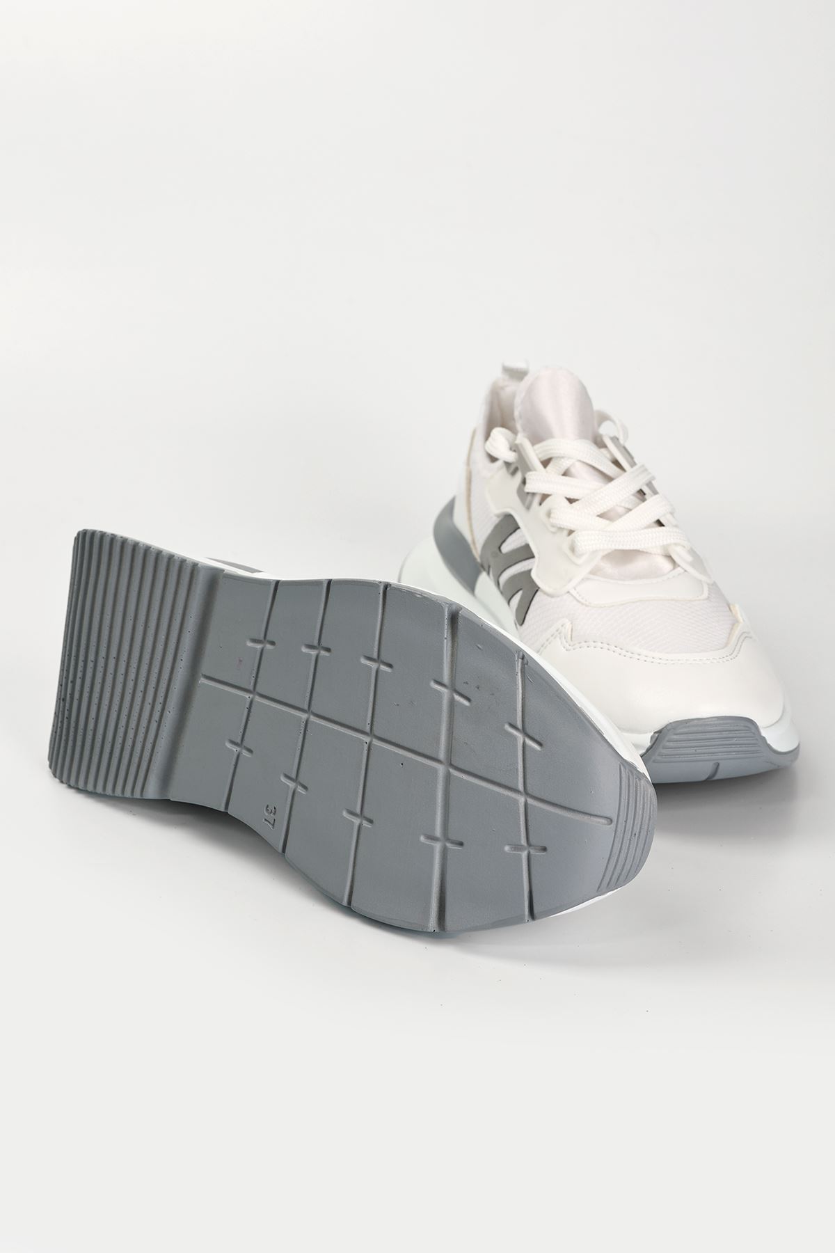 Salamanca Mat Deri Fileli Bağcıklı Kadın Sneakers Spor Ayakkabı Beyaz