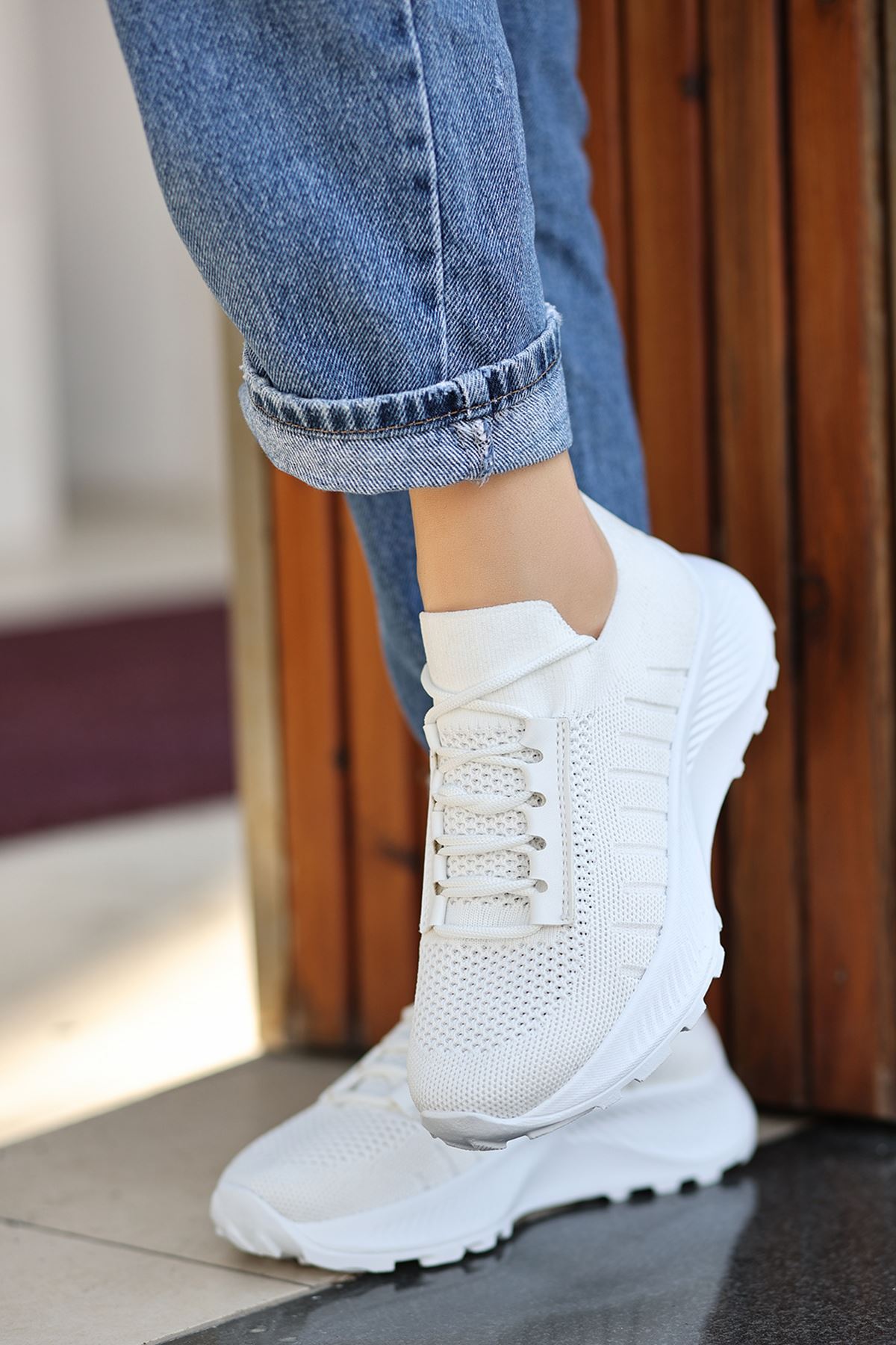 Bolonya Bağcık Detay Triko Kadın Spor Ayakkabı Beyaz