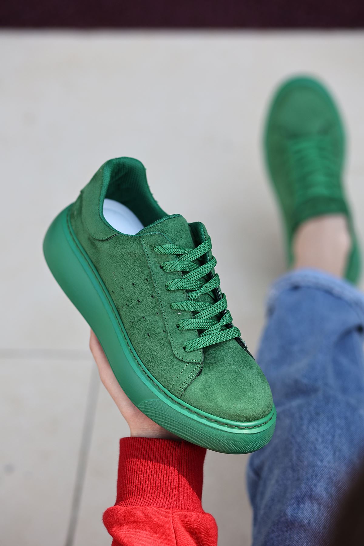 Lora Bağcık Detaylı Süet Kadın Spor Ayakkabı Yeşil