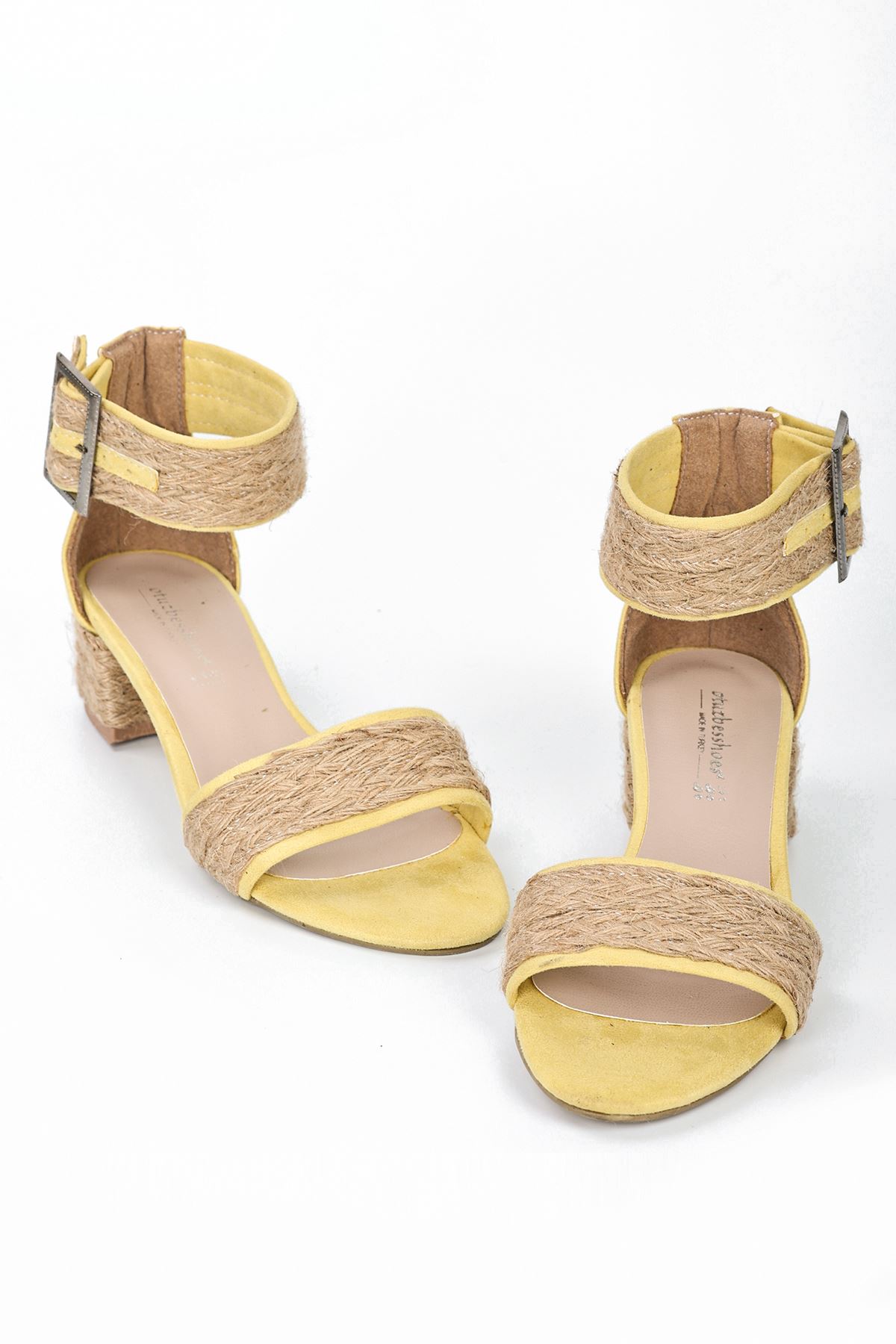 Grace Hasır Detaylı Tek Bant Topuklu Ayakkabı Sarı