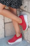 Anna Dalgıç Kumaş Taş Detay Dolgu Topuk Ayakkabı Kırmızı