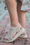 Merne Taş Detaylı Triko Krem Kadın Sandalet 