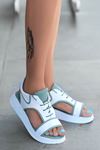 Lace Mat Deri Bağcık Detay Sandalet Mint Yeşili