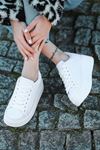 Hugo Mat Deri Dikiş Detaylı Kalın Taban Sneakers Beyaz 